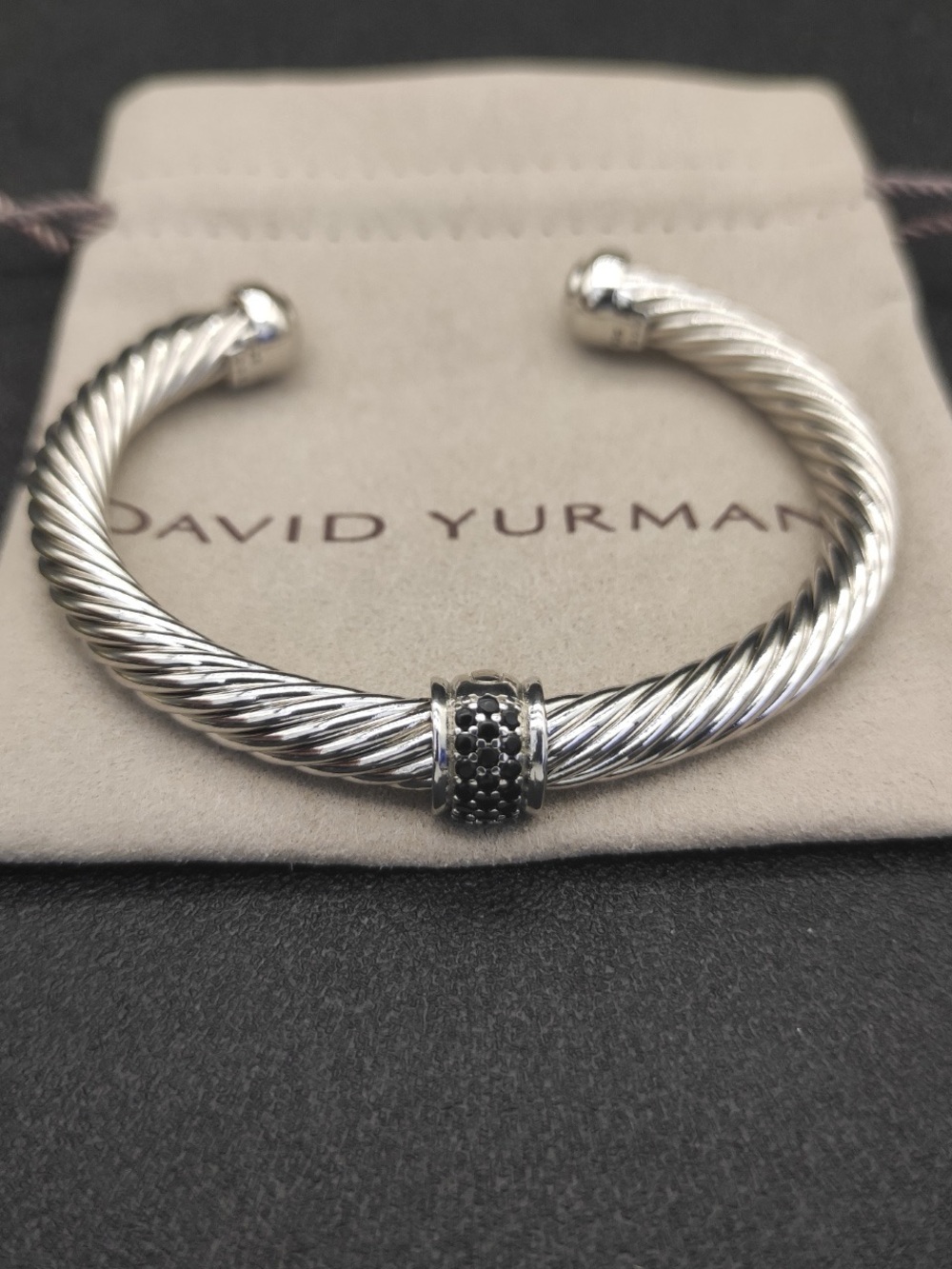 David Yurman Silver Cable Cuff Bracelet with Black Pavé Accent